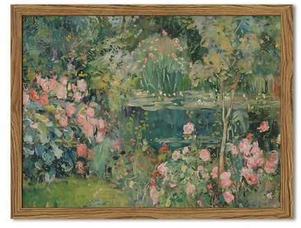 Framed Vintage Floral Landscape Canvas Wall Art, Rose Garden Pond Wall Decor Paintings, Rustic Cottagecore Nature Plant Pictures Prints Aesthetic Home Decor for Living Room Bedroom Bathroom 8x10 inch