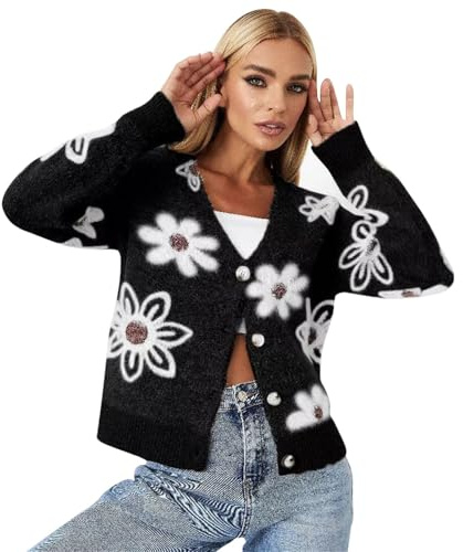 Uwdiohq Gilet Femme, Cardigan Floral en Cachemire Pelucheux pour Femme, Tricot Doux Boutonné à Col en V, Cardigan Court à Fleurs, Pulls d'automne en Fourrure