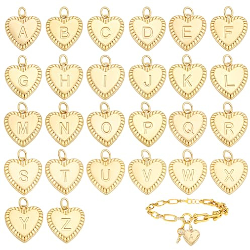 PH PandaHall 26 st 18 K guldpläterade bokstavsberlocker, 16 mm, hjärtformade mässingsberlocker med AZ-alfabetet för gör-det-själv-smyckestillverkning, örhängen, armband, halsband