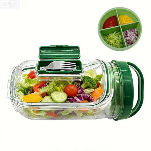 FLKWOP Tarro de ensalada con apertura lateral, recipiente de ensalada portátil con tenedor, con compartimento para aderezo a prueba de fugas, almacenamiento portátil de alimentos para preparación de