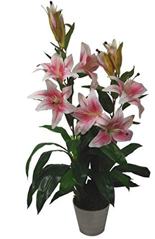Leaf Large Artificial Stargazer Style Lily Plant, Pink, 90 cm