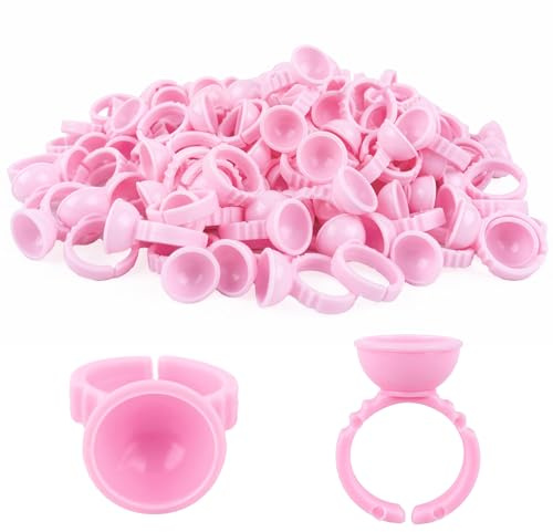 G2PLUS 100PCS Pink Disposable Plastic Nail Art Tattoo Glue Rings Holder Eyelash Extension Rings Adhesive Pigment Holders Finger Hand Beauty Tools (Pink)