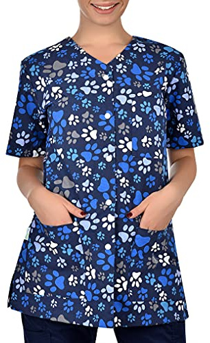 B-well Carina Tunique à Enfiler pour Femme à Manches Courtes et col en V avec Boutons - Bleu - Medium