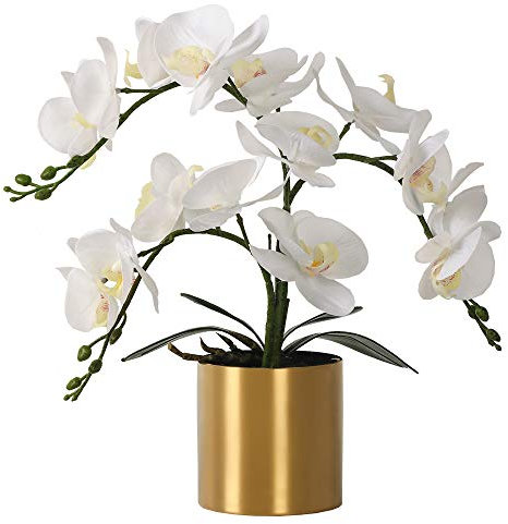 LESING Artificial Orchid Flower with Vase, White Orchid Bonsai Faux Orchid Phalaenopsis Plant Pot Arrangements for Home Decoration (White,Gold Vase)