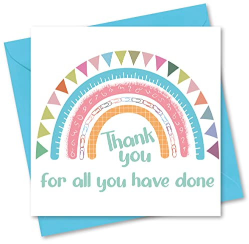 Thank You Card. Rainbow Design with matching Envelope. 150x150mm. Blank Inside. Envelopes included. Made in UK.