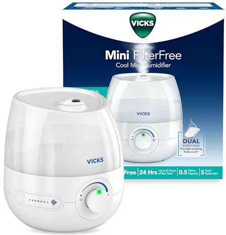 Vicks Mini Filter Free Cool Mist Humidifier, Small Room – Variable Mist Control – Works with Vicks VapoPads