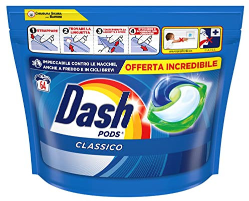 Dash Pods Detersivo Lavatrice In Capsule, 64 Lavaggi, Classico, Rimuove Le Macchie, Brillantezza Per I Capi, Efficace Anche A Freddo E In Cicli Brevi