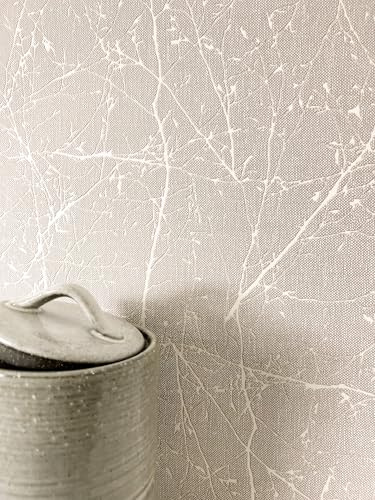 NEWROOM carta da parati Beige Rami Tessuto non Tessuto - Floreale Crema Grigio Foglie Fiori Romantico