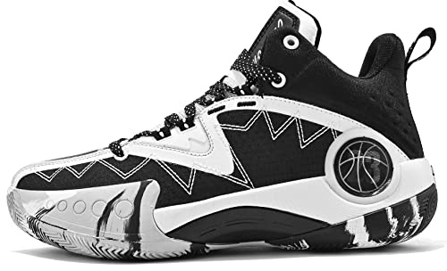 ASHION Boys Shoes Youth Air Cushion Sneakers Kids Basketball Running Sport Shoes Girls Mid Top School Training Shoes(Little Kid/Big Kid), Black White 6