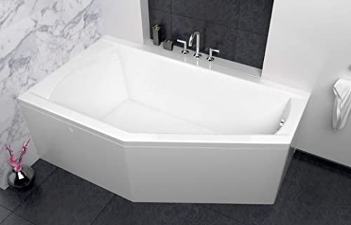 ECOLAM® raumsparende Badewanne Eckbadewanne Acryl Selena Polimat weiß 160x90 cm LINKS + Schürze Ablaufgarnitur Ab- und Überlauf Automatik Füße Silikon Komplett-Set
