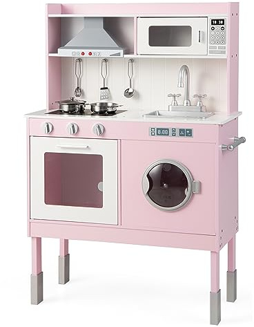 Maxmass Kids Wooden Kitchen, Height Adjustable Pretend Play Kitchen with Rich Accessories, Light & Sound, Range Hood & Wash Machine, Little Chef Cooking Role Playset for Boys Girls (70 x 29 x 101 cm)
