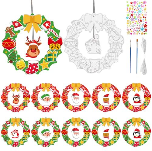 Landifor 12 Stück Weihnachten Kränze Basteln Kinder Weihnachtskranz zum Bemalen Papier Türkranz Bastelset mit Anhänger Malpinsel Weihnachtsdeko Kreativset Weihnachten Geschenke für Mädchen Jungen