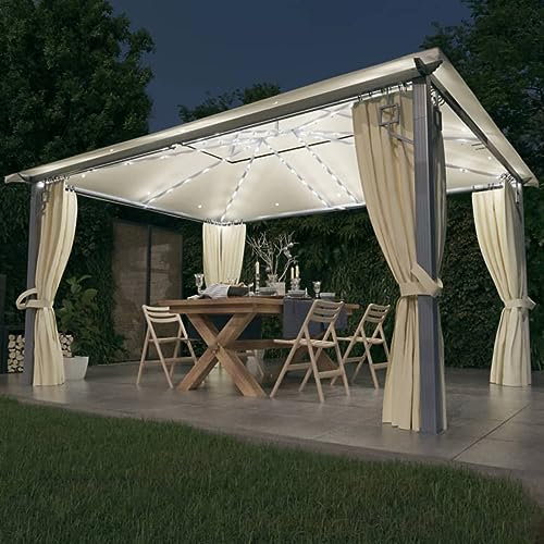 Gecheer Gazebo con Tende e Lampade a LED, Gazebo per Esterno, Pergola con Tela, Gazebo da Giardino Gazebo per feste, Gazebo con Zanzariera, Padiglione 4x3m Crema in Alluminio