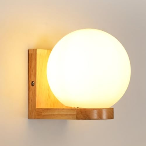 Mckalen E27 Applique da Parete Legno, Moderno Lampada da Parete con Paralume Palla di Vetro, E27 Lampada a Muro per Soggiorno, Camera da Letto, Cucina, Sala da Pranzo, Corridoio(Senza Lampadina)