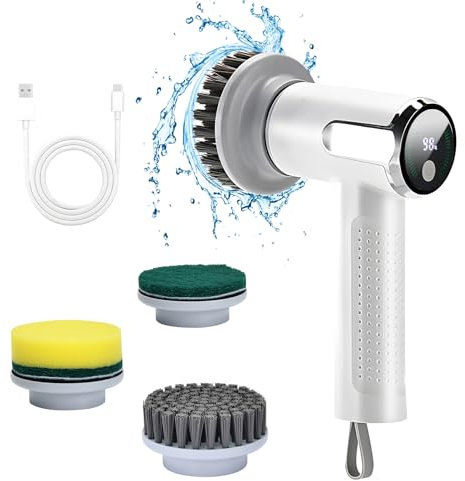Brosse Nettoyage Electrique avec 3 têtes de Brosse, 2 Vitesses, Batterie 3000mAh, avec écran LCD et Harnais, Brosse de Nettoyage pour Carreaux, douches, Verre, Salle de Bain