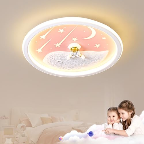 LED Kinder Deckenlampe Astronaut Mond Deckenleuchte Dimmbar Mit Fernbedienung, Schlafzimmer Decke Kindergarten Beleuchtung Junge Mädchen Kinder Lampen Decke Kinderzimmer Schlafzimmer Lampe, 40cm Rosa