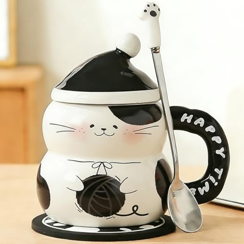 Disoza kattmugg med lock Cat Mug 3d Kaffemugg 400 ml Kattdekoration Present Keramik Temugg Julmugg Födelsedagspresent Kattmugg för män Bror Vän Kvinnor Flickvän