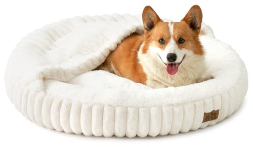 COZY KISS Dog Bed with Blanket for Medium Dogs, 66cm Donut Cat Cave, Cream | Faux Fur Dog Bed, Donut Cat Bed with Blanket, Washable, Non-Slip, Head Support, for Medium Dogs & Large Cats, 18cm H