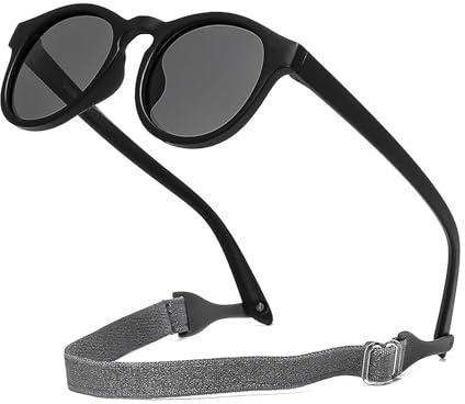 TogtherKings Babysolglasögon med remmar, retro rund ram, flexibel, polariserad, UV400, baby med rem, solglasögon barn, för spädbarn, småbarn, nyfödd flicka, pojkar, ålder 0–36 månader, svart