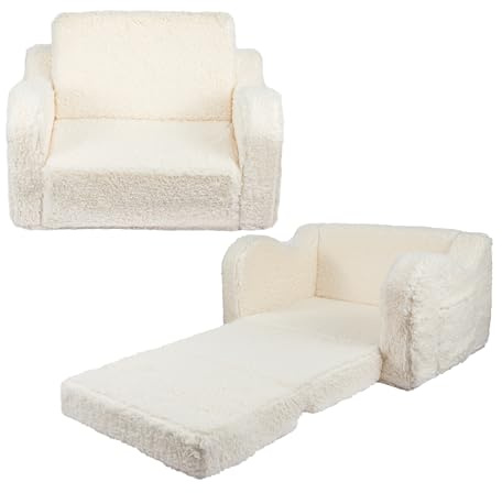 Toemics 2-in-1 Kids Sofa Bed Convertible Toddler Couch to Lounger Chair with Removable Washable Cover Sherpa and Plush Folding Sofa Bed for Boys Girls, Gift for Birthday, Christmas (White)