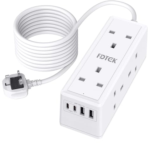 6 Way Extension Lead 3M with USB Slots, FDTEK Desk Power Strip with 2 USB-A and 2 USB-C Ports, Mount Extension Socket with 3M Cords Overload Protection Switch for Home Office-White