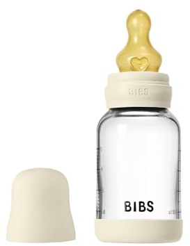 BIBS Baby Glass Bottle. 120ml. Anti-Colic. Vented Round Natural Rubber Latex Teat. Supports Natural Breastfeeding, Slow Flow, Complete Set - 120 ml, Ivory