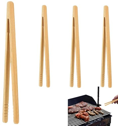4 Stück Bambus Grillzange Holz - Grillzange Klein Wiederverwendbare Holzzange Zuckerzange für Toast, Salat & Grillen - Rutschfeste Salatzange mit Mini-Design, Ideal als Küchenzange oder Pinzette
