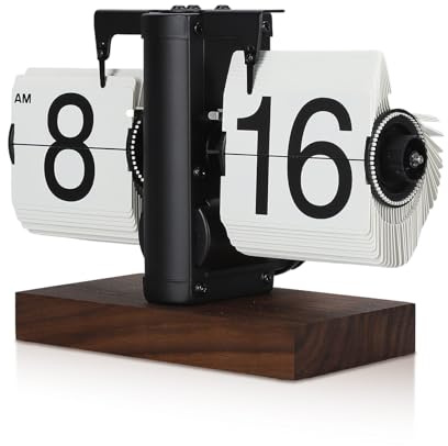 Frdhee Orologio Da Scrivania Flip, Orologio Pieghevole Digitale 12 Ore Singolo Fronte Grandi Numeri Orologio Automatico Meccanico Retro Base in Legno per Soggiorno Telaio Nero Lato Bianco