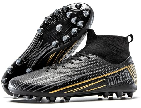 TUGONVAC Kids Soccer Cleats Boys Girls High-top Football Cleats Youth Lightweight Training Soccer Shoes Outdoors AG/FG, Black, 8 Big Kid