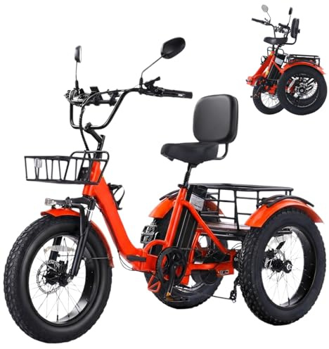 Broobey 20″ Fat Tire E-Bike Dreirad für Erwachsene & Senioren Faltbares Elektrodreirad mit Differential, 48V Akku, 90 km Reichweite, 200 kg Zuladung & Doppelkorb Rot