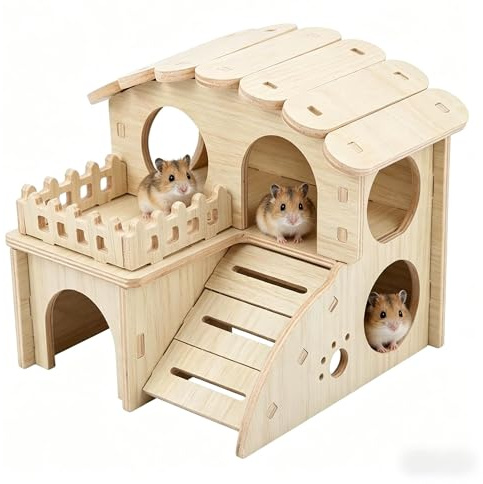 Wooden Hamster House Two-Story Hamster Platform Hawaii Style Small Animal Hideout Multi-Holes Hamster Hide Climbing Resting Area Natural Wood Hamster Cage Accessories for Dwarf Hamsters Gerbils Mice