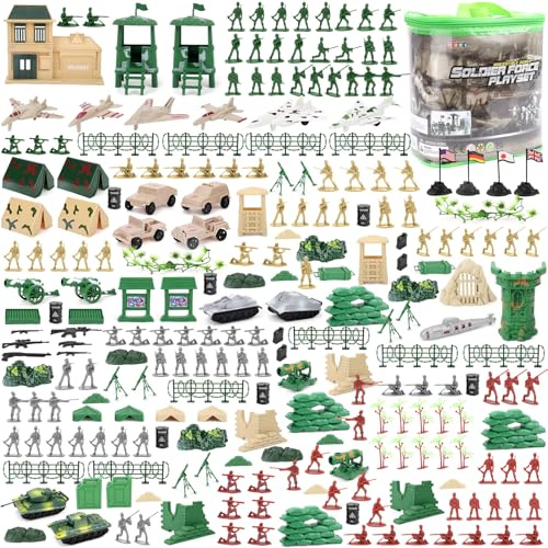 deAO 303 Set de Jeu Militaire avec Soldats, Figurines Militaires, Tanks, Avions, Drapeaux, Sac de Rangement et Accessoires de Bataille
