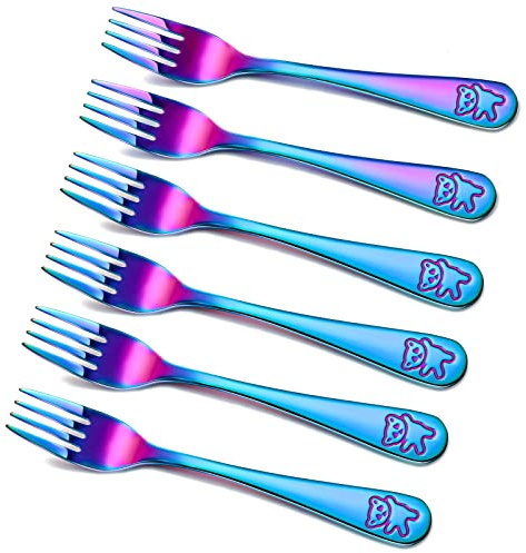 Minatee 6 Pieces Rainbow Kids Forks Toddler Silverware Set Baby Utensil Small Food Grade Cutlery Flatware Stainless Steel Forks Metal Self Feeding for Home and School, Dishwasher Safe