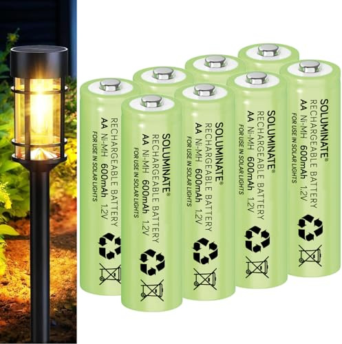 SOLUMINATE™ AA Rechargeable Solar Light Batteries 1.2V 600mAh NiMH (8-Pack) | Designed for use in outdoor garden solar lights. AA Size 50.5mm x 14.5mm. Very latest NiMH technology. A UK brand.