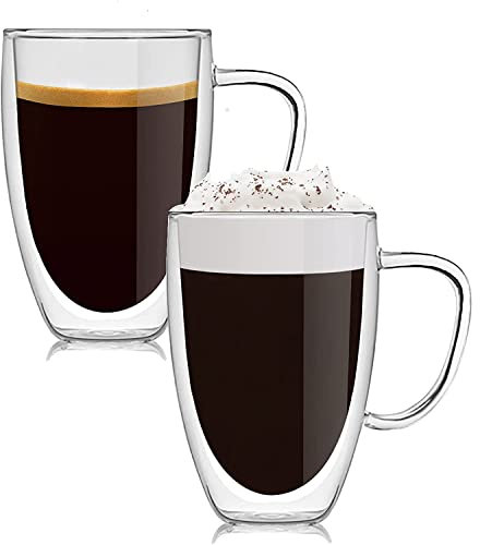 Latte Macchiato Doppelwandige Gläser mit Henkel, 2er Set 450ml Borosilikatglas Kaffeeglas Teegläser für Cappuccino, EIS, Milch, Bier, Thermogläser Teeglas Doppelwandig, Espresso Kaffeegläser