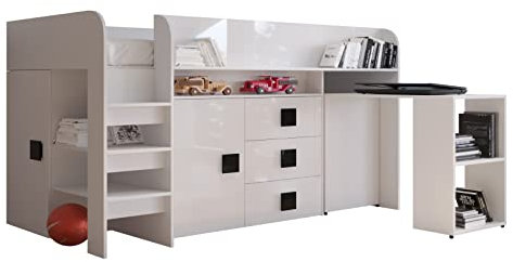 MEBLE KRYSPOL Toledo 1 Hochbett für Kinder, Jugendliche mit Stauraum - Etagenbett mit Schreibtisch, Kleiderschrank, Regal, Schubladen, Treppe - 203,3x106,6x125 cm - Weiß, Weiß, Schwarz