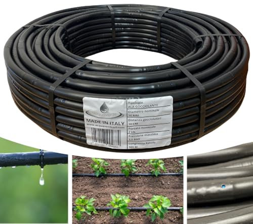 acquaverde | Ala Gocciolante ø 16 mm Passo 30 cm con Gocciolatore Doppio Foro 2 L/H SUPER, Rotolo da 100 mt, Tubo In Polietilene per Irrigazione a Goccia Automatica, Nero - Orto Facile