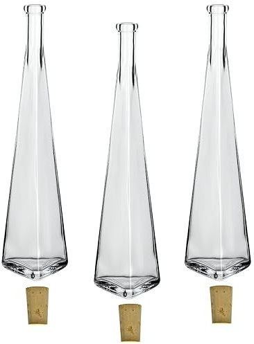 gouveo Set di 3 decanter 500 ml a piramide con tappo (SK) - Bottiglia di design 0,5l in vetro con tappo in sughero - Bottiglia di vetro vuota per liquore, whisky, cognac, vino