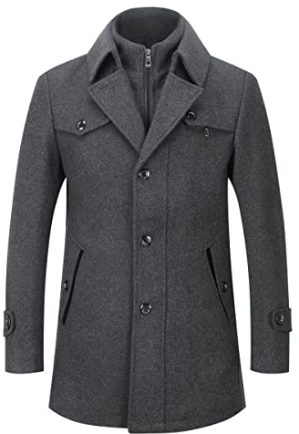 YOUTHUP Mens Wool Trench Coat Winter Thick Peacoat Business Military Coat with Removable Inner Collar, Grey, 3XL