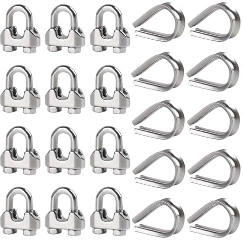 hannger 12Pcs 1/4 M6 Wire Rope Clamps 10 Pcs M6 Wire Rope Thimble, 304 Stainless Steel Cable Clamps Kit for 1/4 inch Steel Cable Thimbles Rigging