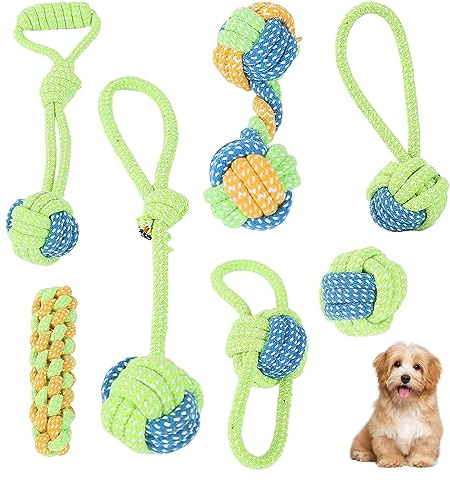 7 pezzi Giochi per Cani: Giochi per Cani Indistruttibile Giochi Interattivi per Cani, Giocattoli per Cani da Masticare per Cani Durevoli Giocattoli in Cotone Naturale Set di Giocattoli per Cani