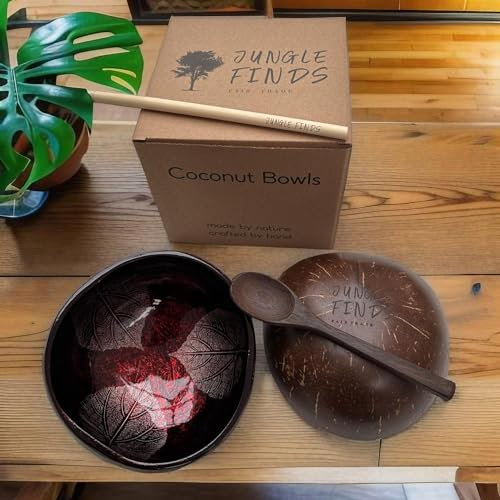 Handmade Hand Painted red Leaf Design Food Safe Coconut Bowl and Spoon Set with Bamboo Straw and Gift Box