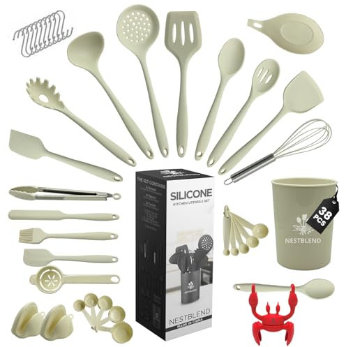 NestBlend Nonstick Biege Kitchen Utensils Set - 38 Pieces Kitchen Utensil Set - Kitchen Gadgets Cookware Set - Cooking Utensils Silicone Kitchen Set - Utensils Set with Holder Heat Resistant (Biege)