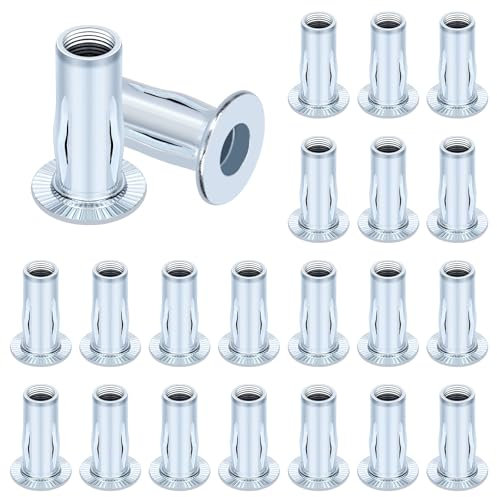 Glarks 20pcs M6 Multi-Grip Rivet Nuts Set White Zinc Plated Carbon Steel Flat Head Rivnut Pre Bulbed Shank Threaded Insert Rivet Nuts for Construction Industrial