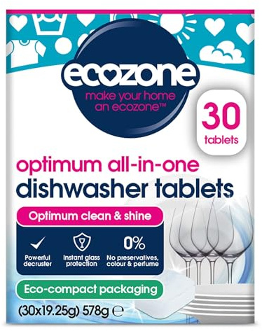 Ecozone Optimum All In One Dishwasher Tablets x 30, Dishwashing Tablets with Salt, Rinse Aid & Extra Dry Effect, Powerful Degreaser & Dish Washer Tabs, Eco Conscious & Gentle on Appliances