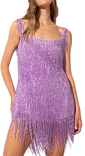 Qianderer Mini abito da donna con paillettes glitterate, frange a strati, profondo scollo a V, schiena scoperta, senza maniche, con nappe, abito Flapper da discoteca, feste, ballo studentesco