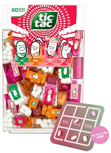 TicTacToe Travels Set de voyage - 60 mini-boîtes de 3,8 g, fraise, menthe & orange avec jeu TicTacToe - Mini bonbons, idéal pour les anniversaires d'enfants, gadgets & cadeaux publicitaires