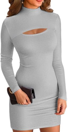 ELFIN Vestido bodycon acanalado de manga larga para mujer, minivestido con aberturas de cuello alto, para fiesta, club, minivestido monocolor, gris, L