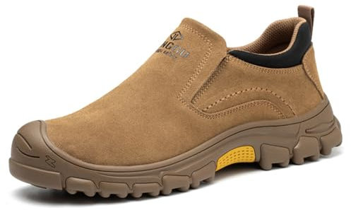 JiuQing Zapatos De Seguridad Hombre Sin Cordones con Puntera De Acero Zapatos De Trabajo Ligeros Cómodos De Gamuza Zapatillas Industriales,Marrón,43 EU
