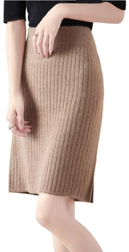 Ailaile Gonna corta Donna Autunno Inverno 100% Lana Merino Maglia Gonna Ragazza A Costine Elastico In Vita Split Gonne, Cammello, M